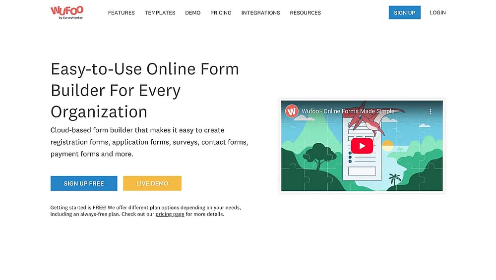The home page of Wufoo