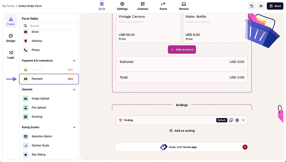 An image showing the field menu in the “Build” section, where you can select the “Payment field” option to easily add it to your form