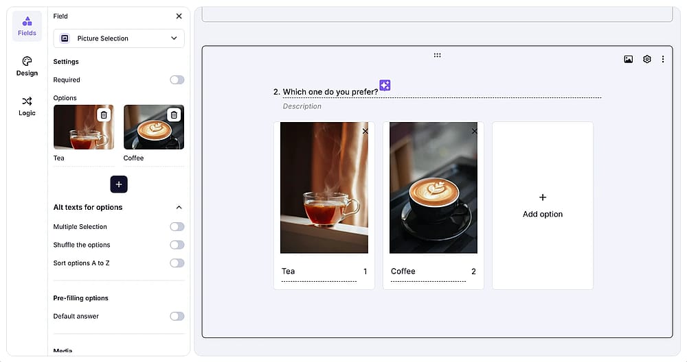 An image showing an example of the added “Picture Selection” field to the form with two different image options