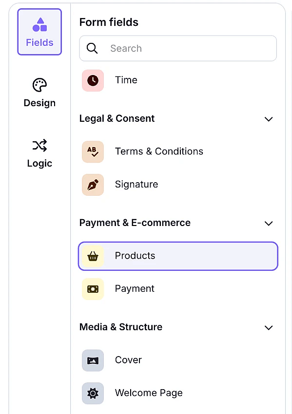 An image showing how to add the “Product Basket” field to your form from the field menu on the left