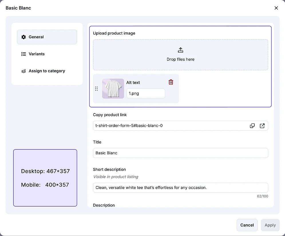 An image showing how to upload a product image and best dimensions for the product image