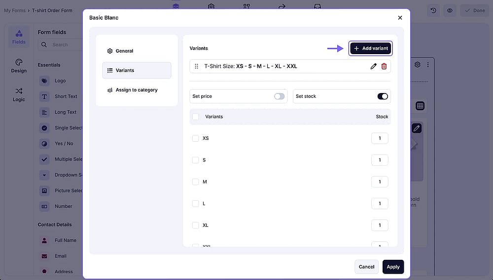 An image showing the “Variants” section, where you can add item variants needed