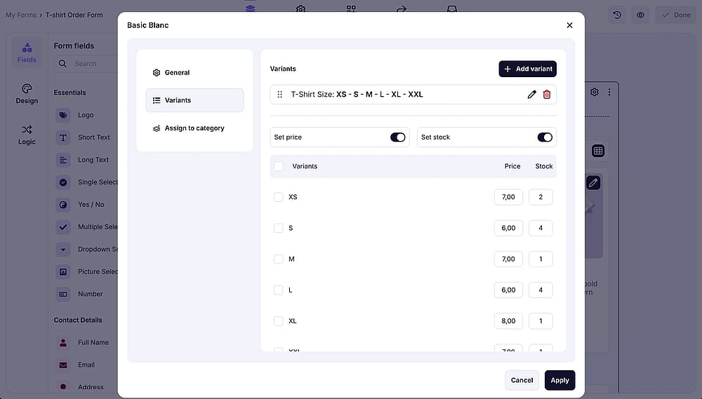 An image showing how to add different price information for variants of the same product