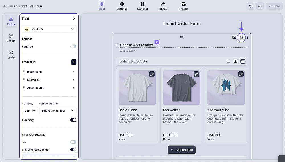 An image showing how the field settings you can adjust within your “Products” field