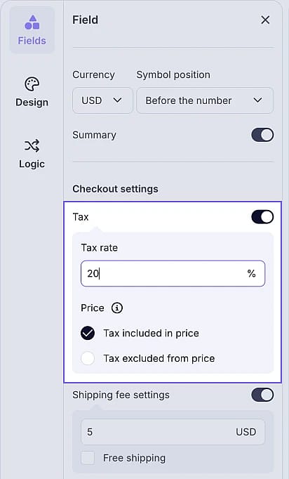 An image showing how to enable tax information in the products field settings