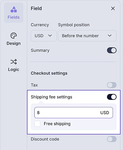 An image showing how to enable shipping fees in the products field settings