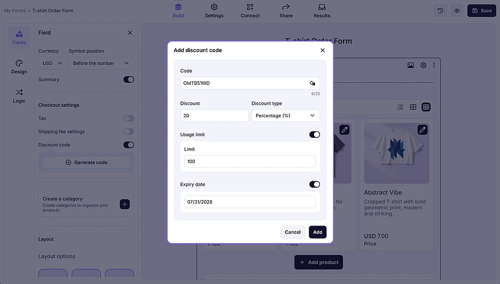 An image showing how to generate discount codes in the products field settings