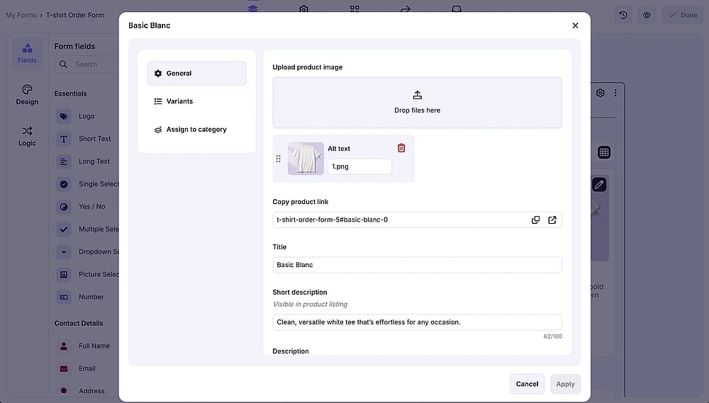An image showing the settings pop-up for a specific product