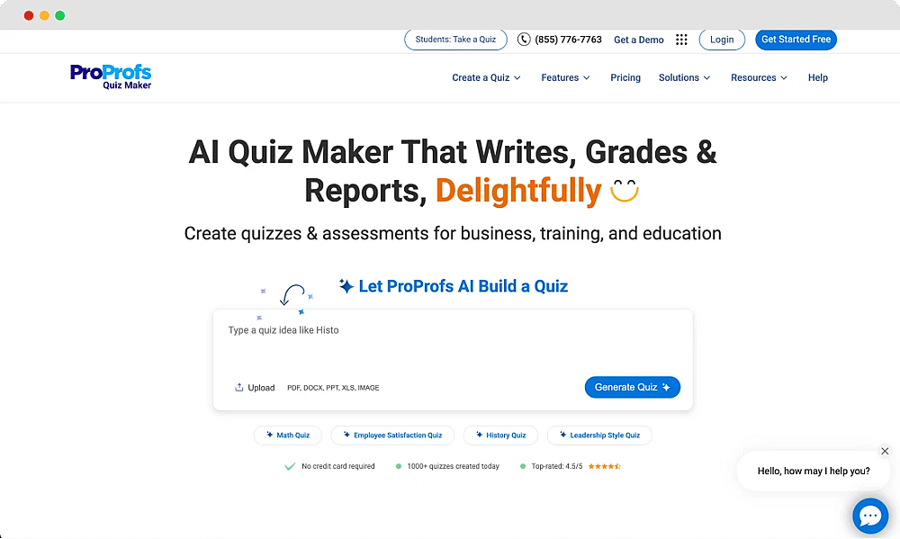 The homepage of ProProfs Quiz Maker