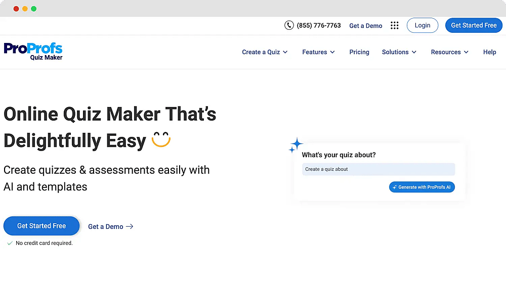 La page d'accueil de ProProfs Quiz Maker