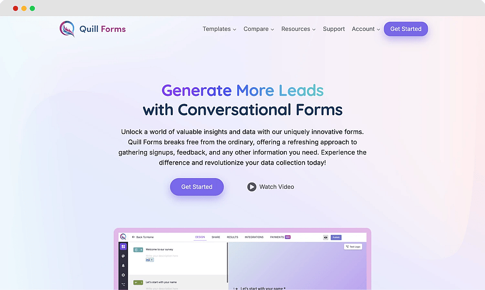 The homepage of Quill Forms