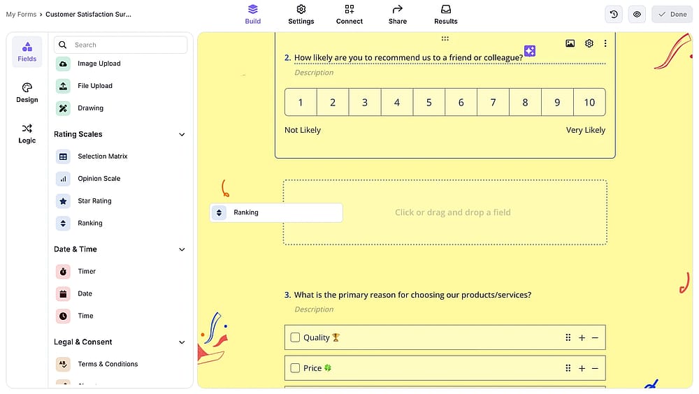 An image showing how you can find the “Ranking field” from the menu on the left and drag&amp;drop it directly to your form