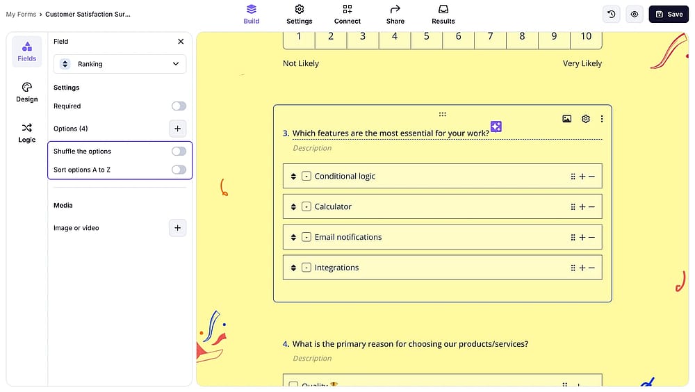 An image showing the options of sorting your answers as needed from the field settings on the left