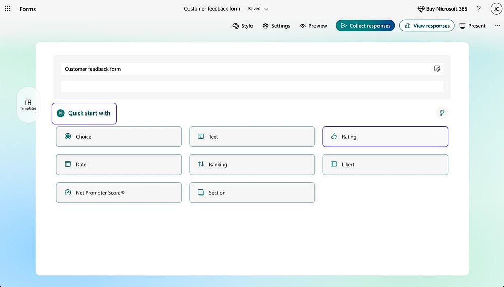 Click ‘+Quick start with’ and select the ‘Rating’ option