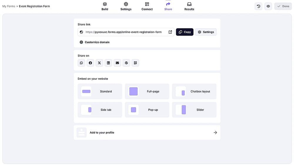 Choisir une option de partage pour votre formulaire d'inscription