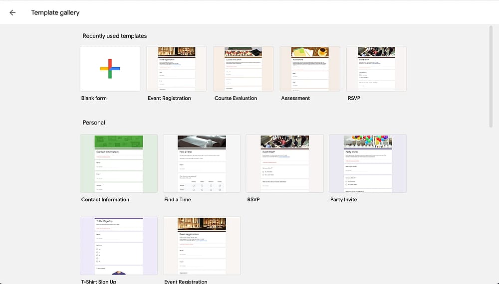 Choisir le modèle de formulaire d'inscription à un événement Google Forms
