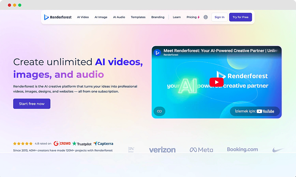 The homepage of Renderforest