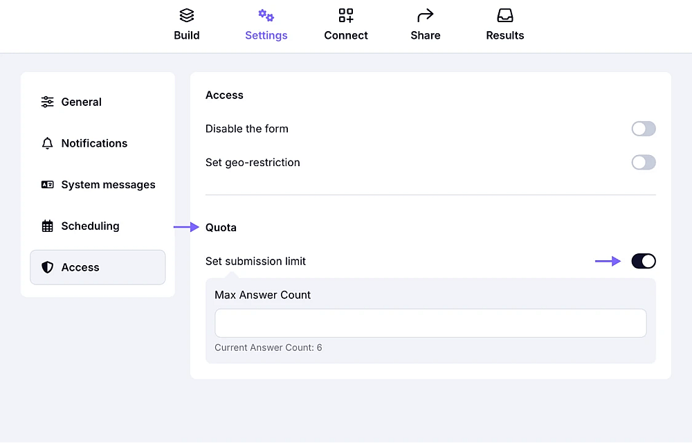 An image showing the setting area where you can set the “Max answer count” for your form