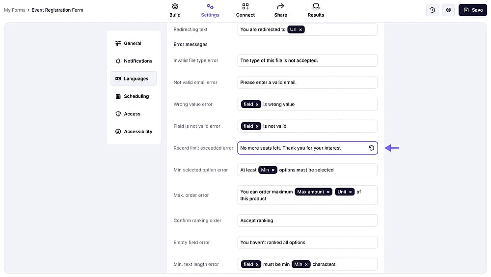 Changing the “record exceeded” message on forms.app