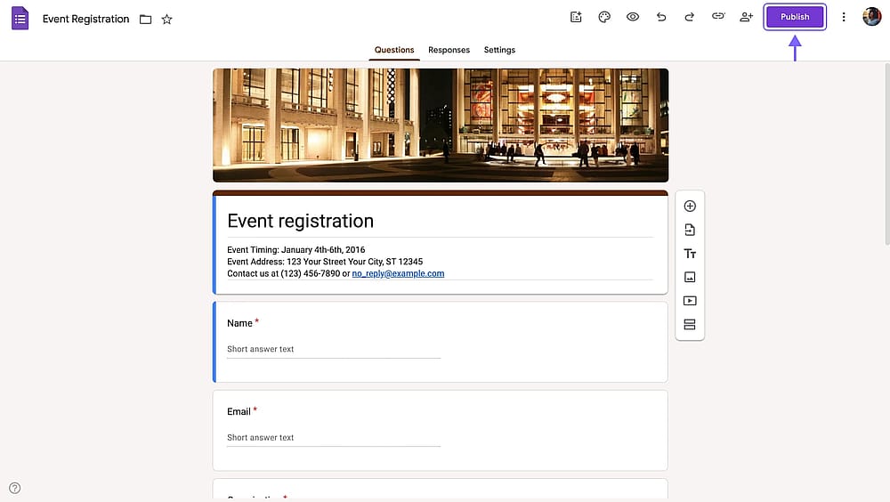 The location of the “Publish” button in Google Forms