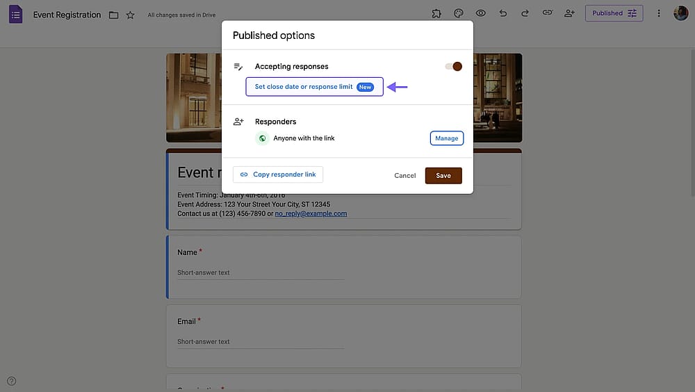 Google Forms limit responses option within publishing settings
