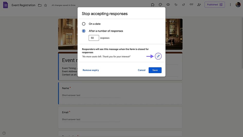Editing the "Form closed" message