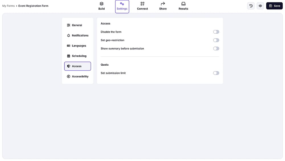 Form access settings on forms.app