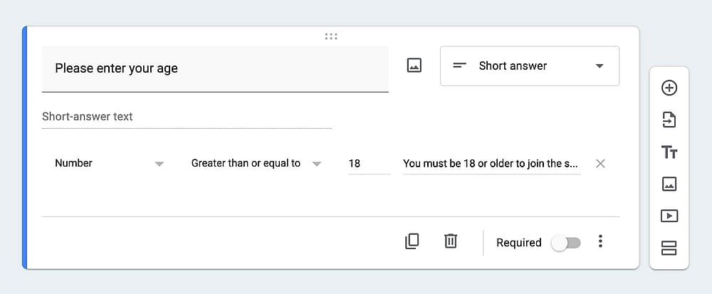 A question example with “Greater than or equal to” validation
