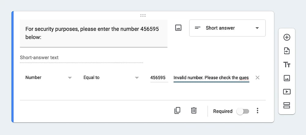 A question example with “Equal to” validation