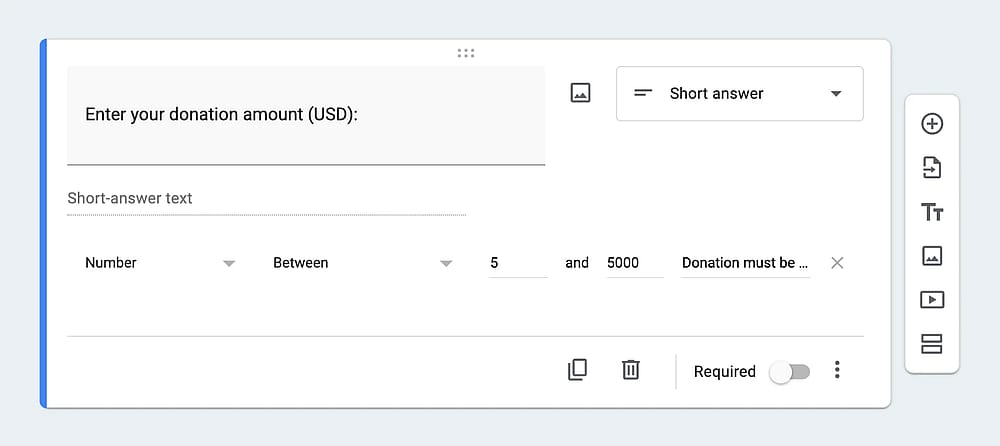 A question example with “Between” validation