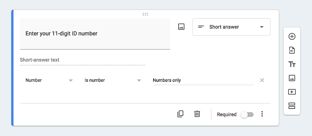 A question example with “Number” validation