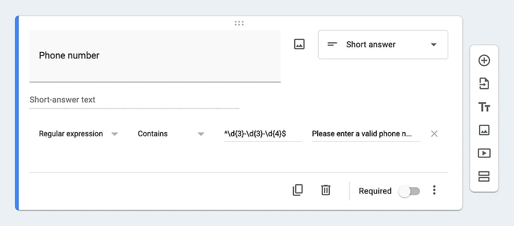 A question example with Regex validation