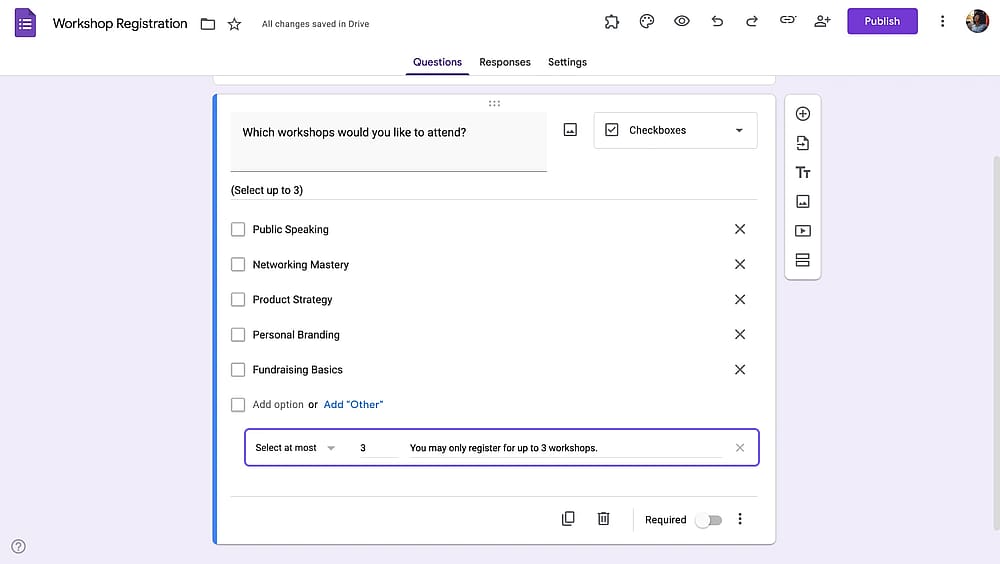 A checkbox question example with response validation added