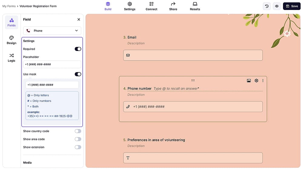 Adding validation rules to phone number field on forms.app