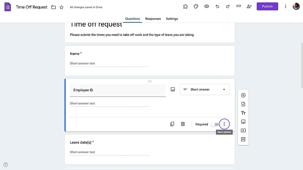 Selecting a question on Google Forms