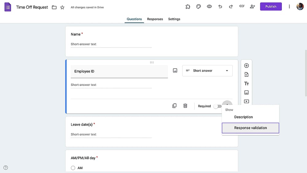 Enabling “Response validation” in a Google Form