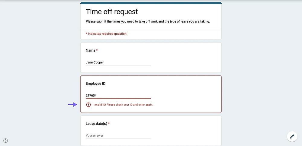 A Google Form preview showing a validation error