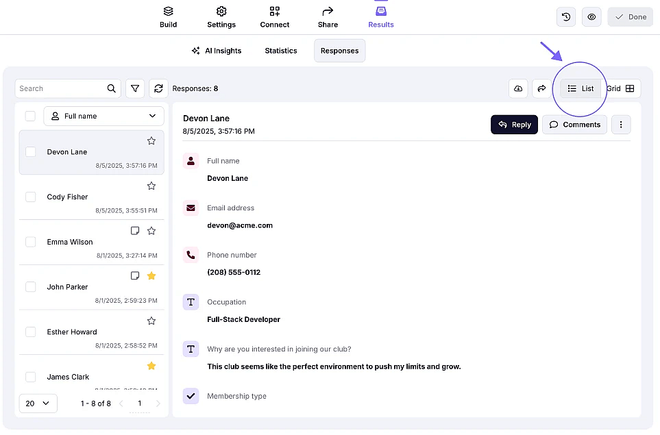 An image showing the Results tab with the List view enabled