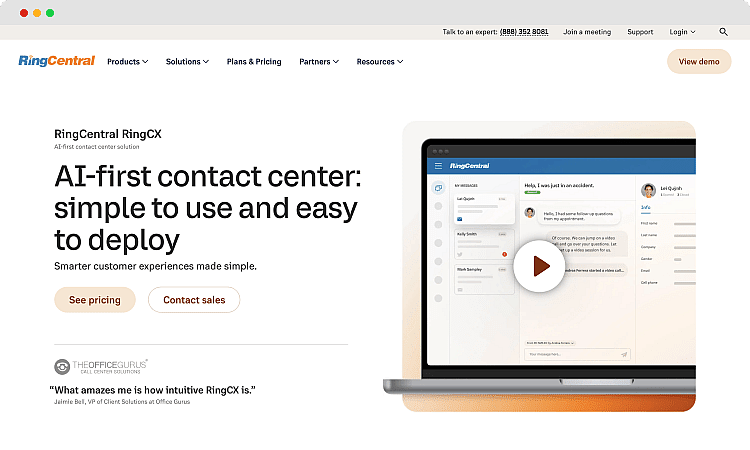 Die Homepage von RingCentral