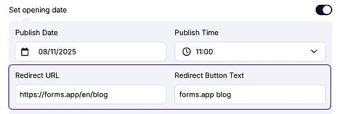 An image showing how you can edit your Redirect button text and the URL, where users will be redirected