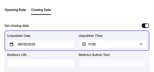 An image showing an example of an entered form’s unpublish date and time in the needed area