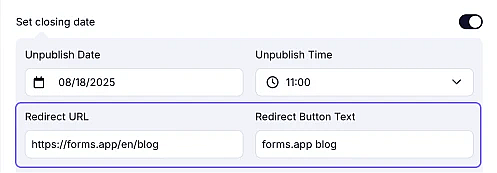 An image showing how you can edit your Redirect button text and the URL, where users will be redirected
