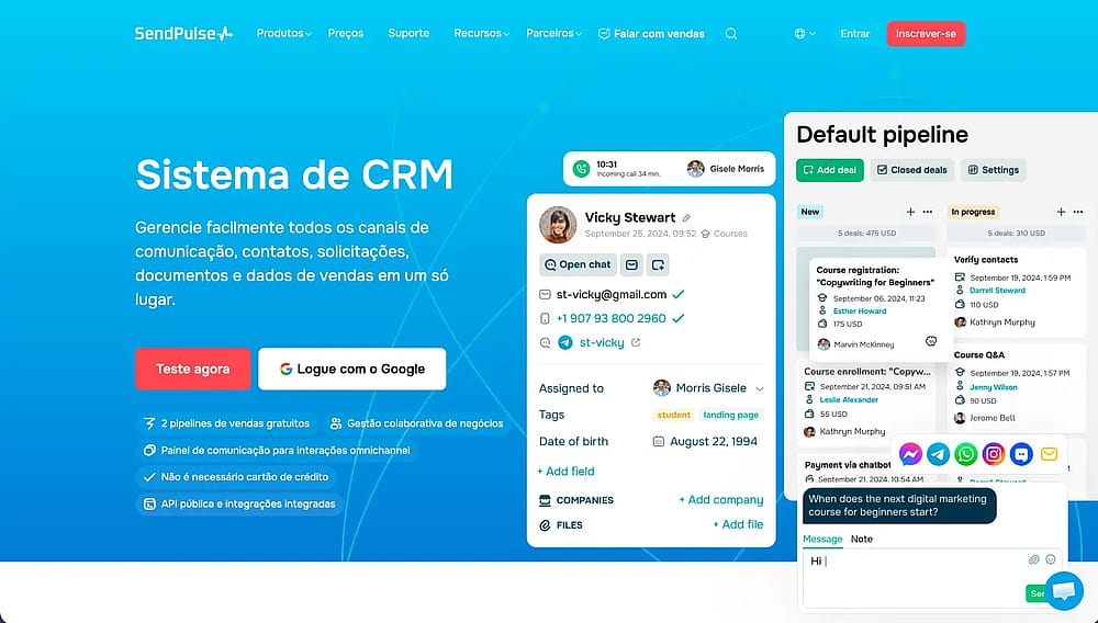 A página inicial do SendPulse CRM