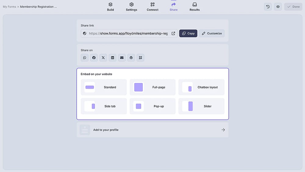 An image showing where you can find the embed options to use from the “Share” section of your form