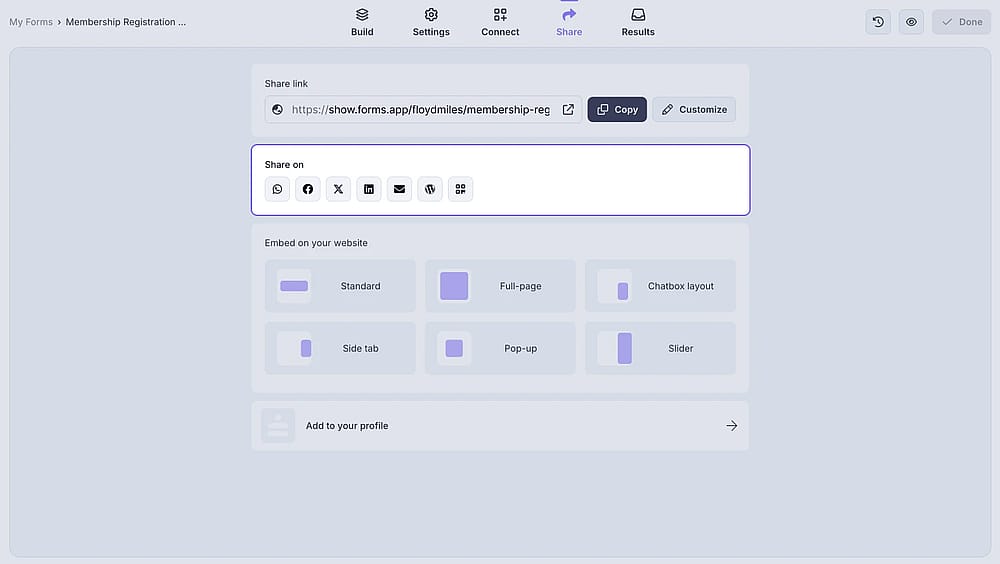 An image showing the social media icons from the “Share” section, which you can use to share your form via social media channels