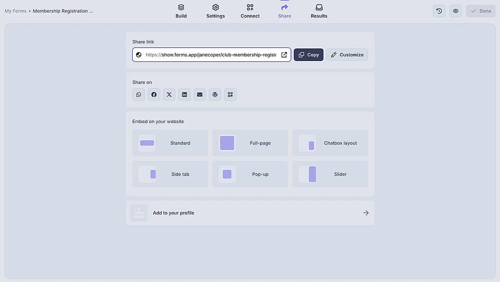 An image showing the form URL area from the “Share” section, where you can copy your form link for future publishing