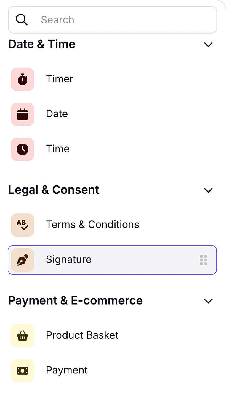 An image showing how to access the Signature field option from the field menu on the left