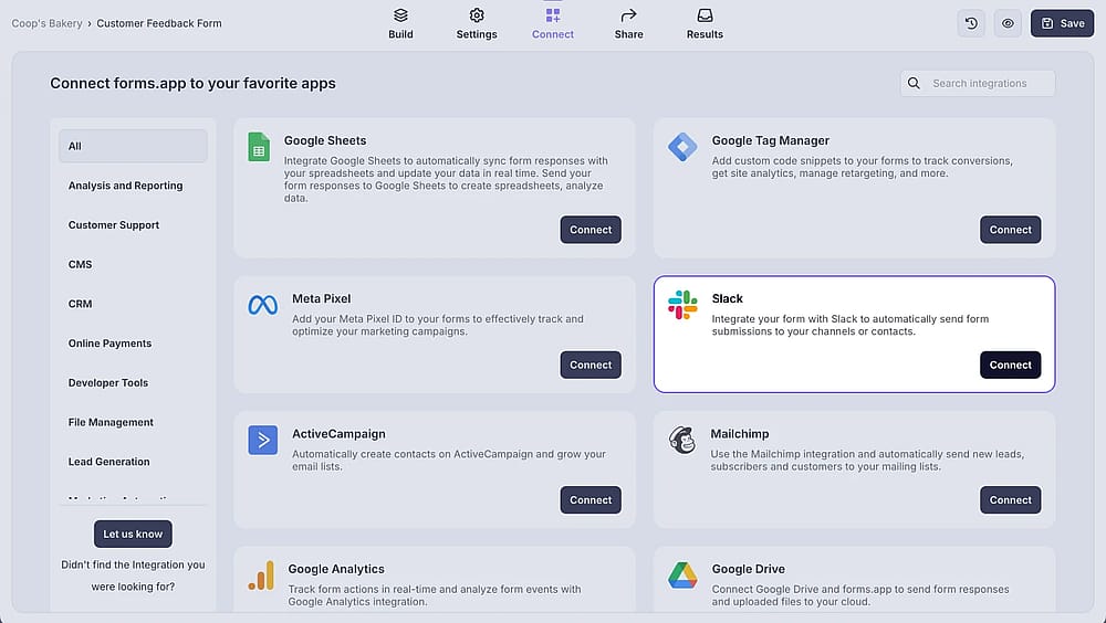 An image showing the “Slack” option, which you need to select from the integration list