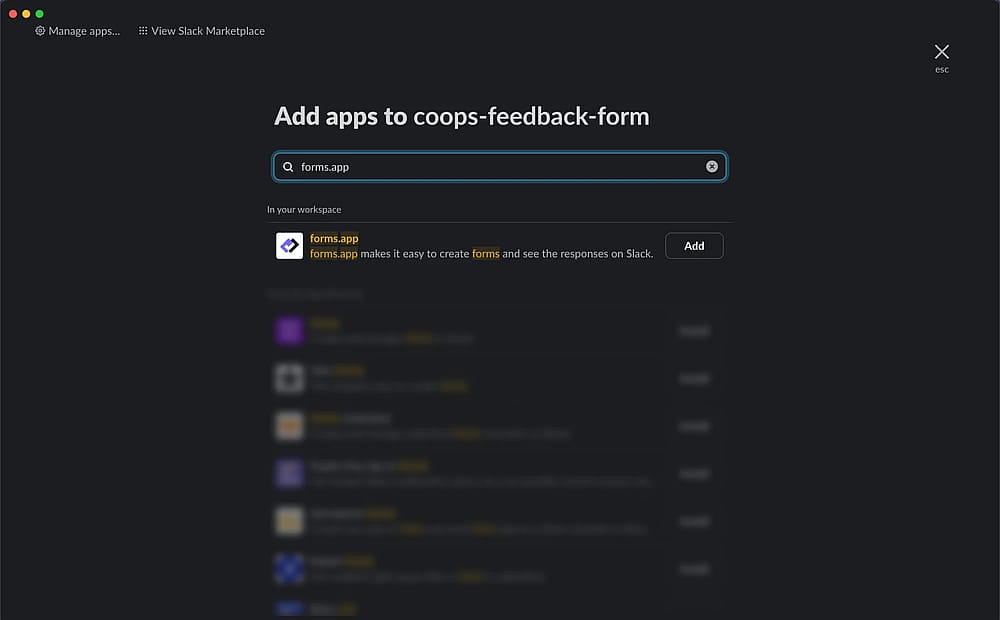 An image showing the area from which you need to select the “forms.app” options to add it to the channel