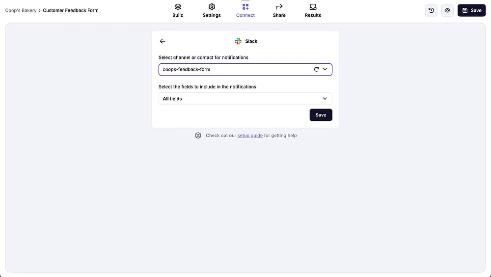 An image showing the “Connect” section in the forms.app workspace where you need to choose your channel from the dropdown menu